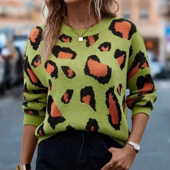 Leopard Print knit Sweater top Green - Picture 1 of 5